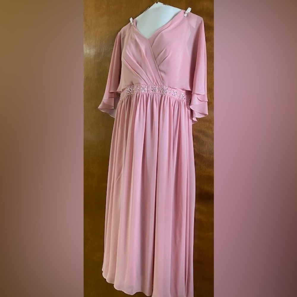 A line, V Neck, Ankle Length, Embellished w/beading around waist, back zipper.